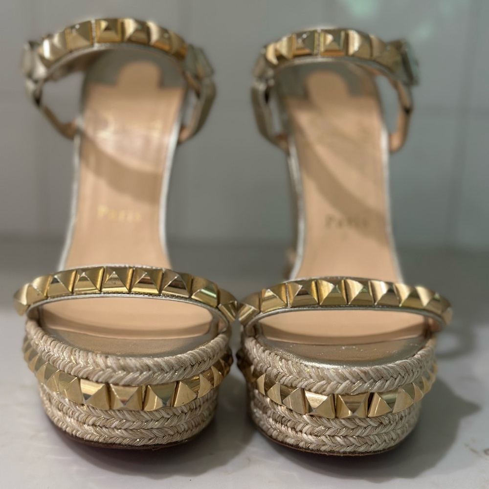 Christian Louboutin Gold Studded Platform Sandals Espadrille Style